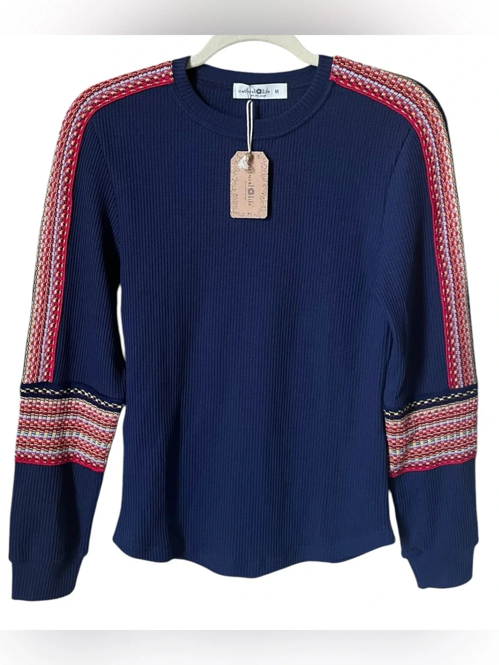 Natural Life Waffle Knit Thermal Top Boho Stripe Sleeve Navy Blue Medium NWT - Picture 2 of 6